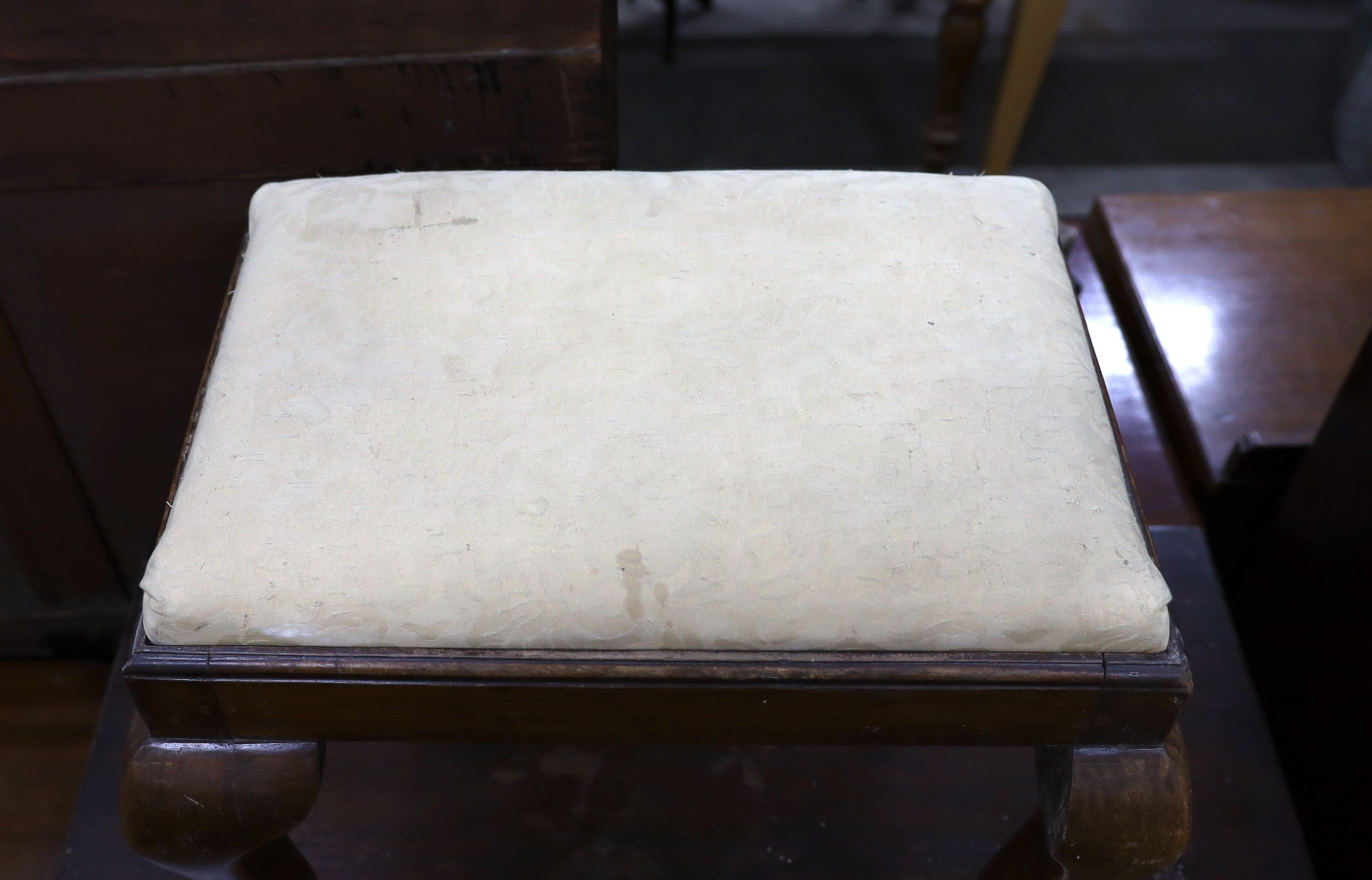 A George III walnut stool, width 54cm, depth 41cm, height 46cm